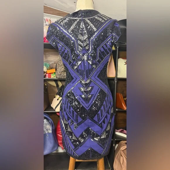 Express Blue and Black Sequin Mini Dress - Picture 3 of 5
